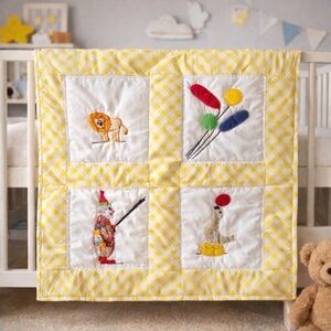 Vintage Handmade Circus Themed Unisex Baby Quilt Blanket Throw 24”x27”